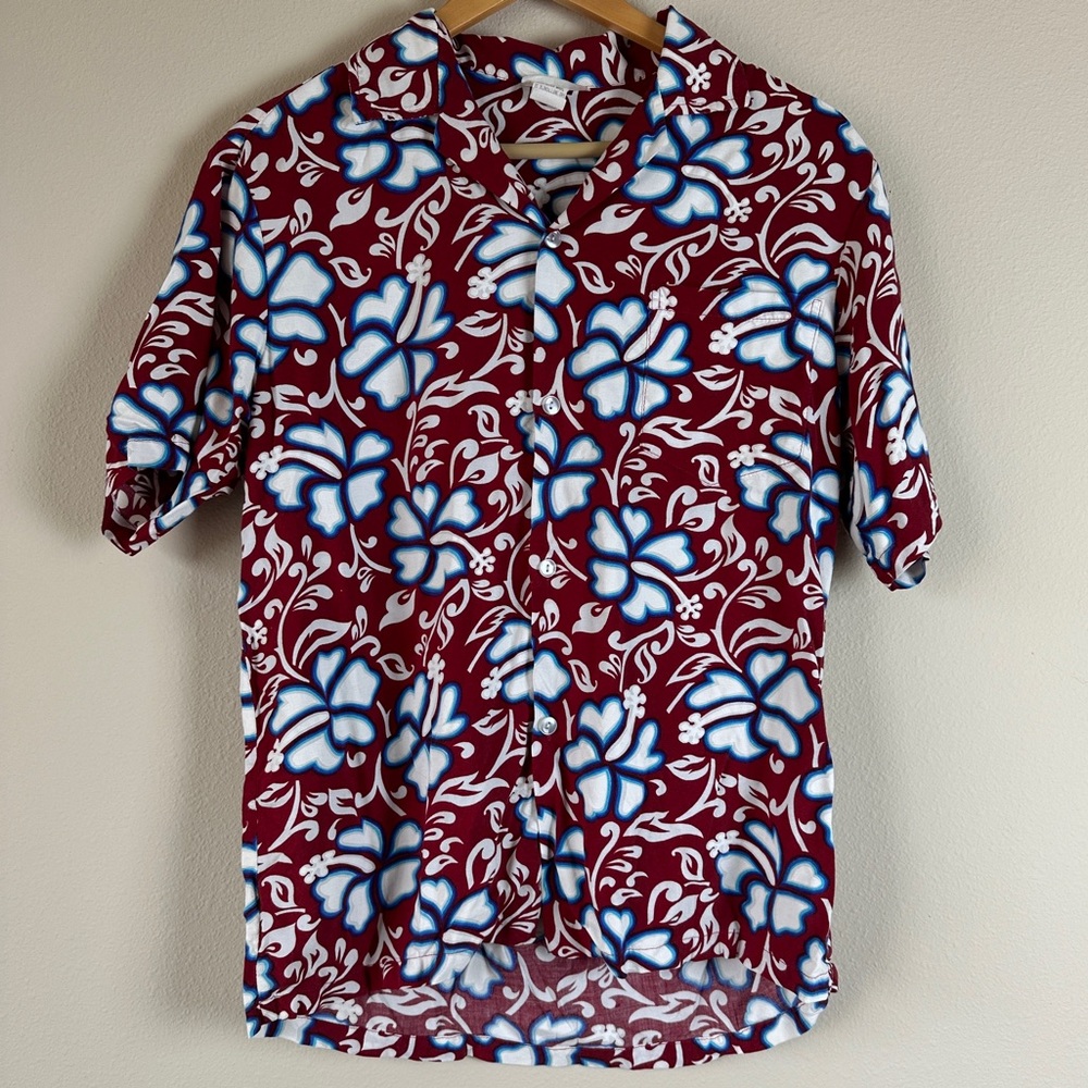 Vintage‎ Made In Hawaii Short Sleeve Button Down Shirt Red Blue Flowers Unisex M